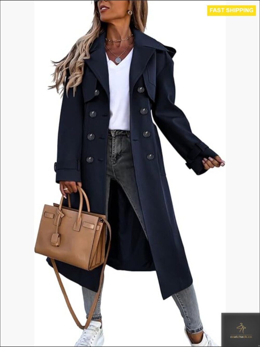 Classic Long Trench Coat Windproof Double Breasted Belted Elegant Overcoat